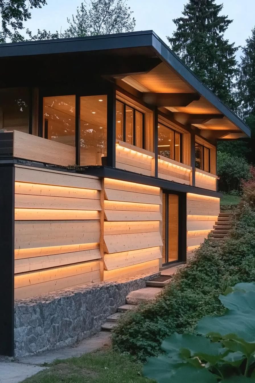 Modern house with illuminated wood facade