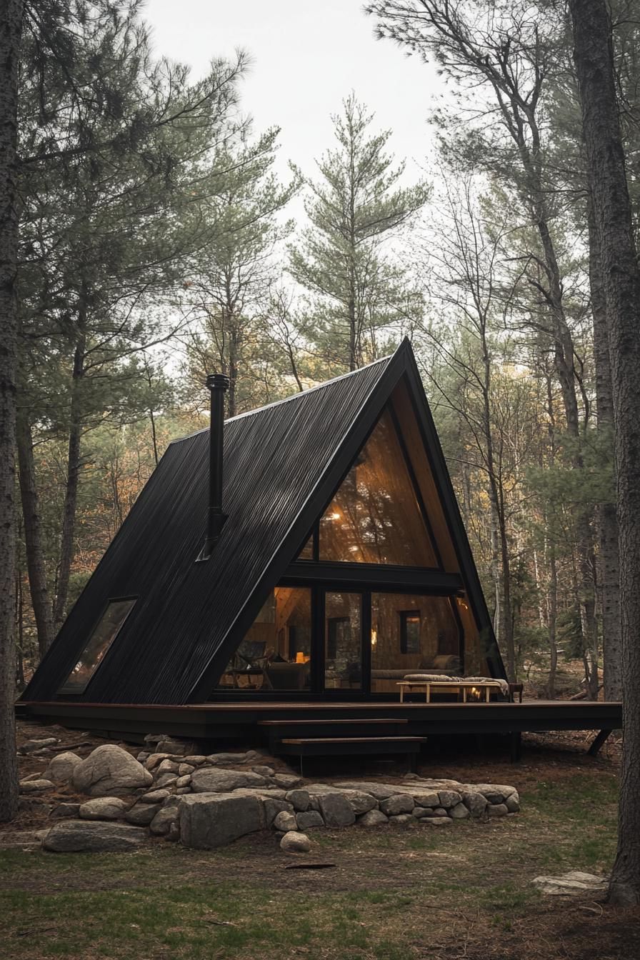 modern tiny a frame cabin with eave on a raised deck on stone foundations forest clearing with tall pines