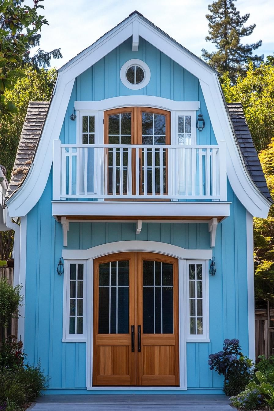 Charming blue two-story shed house with balcony