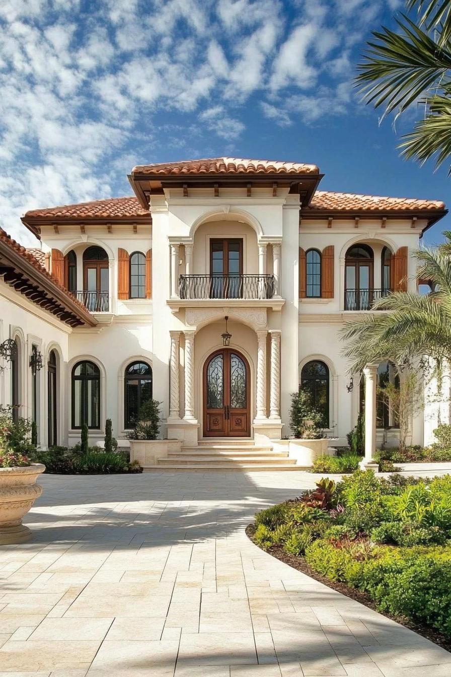 Ornate facade of a Mediterranean villa with terracotta roof