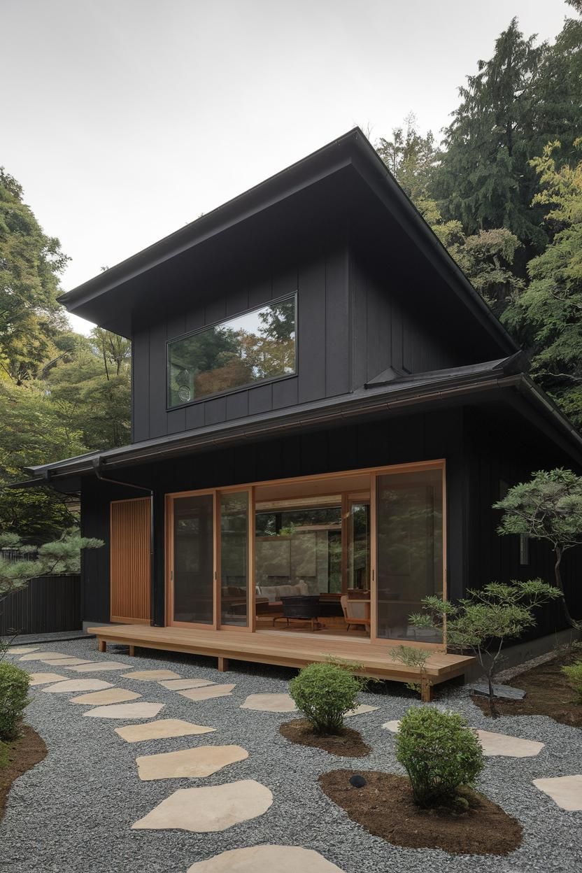 Black house with wooden accents and garden path