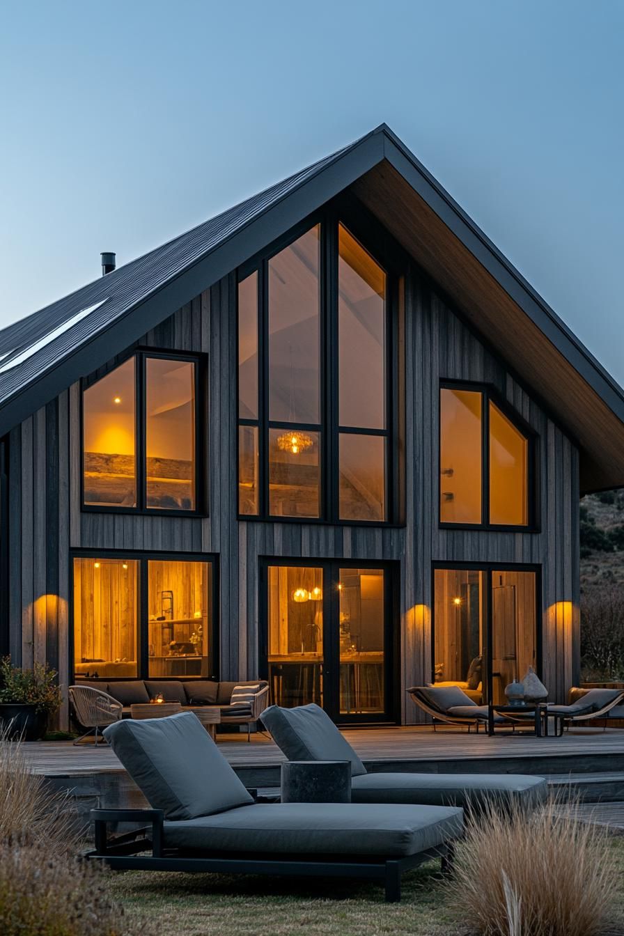 Modern barn house with large windows illuminated from within