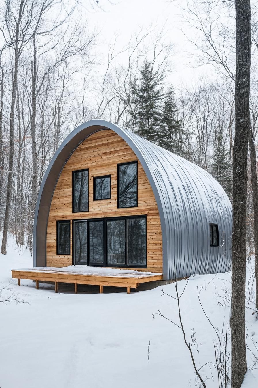 A curved metal hut amidst a snowy forest