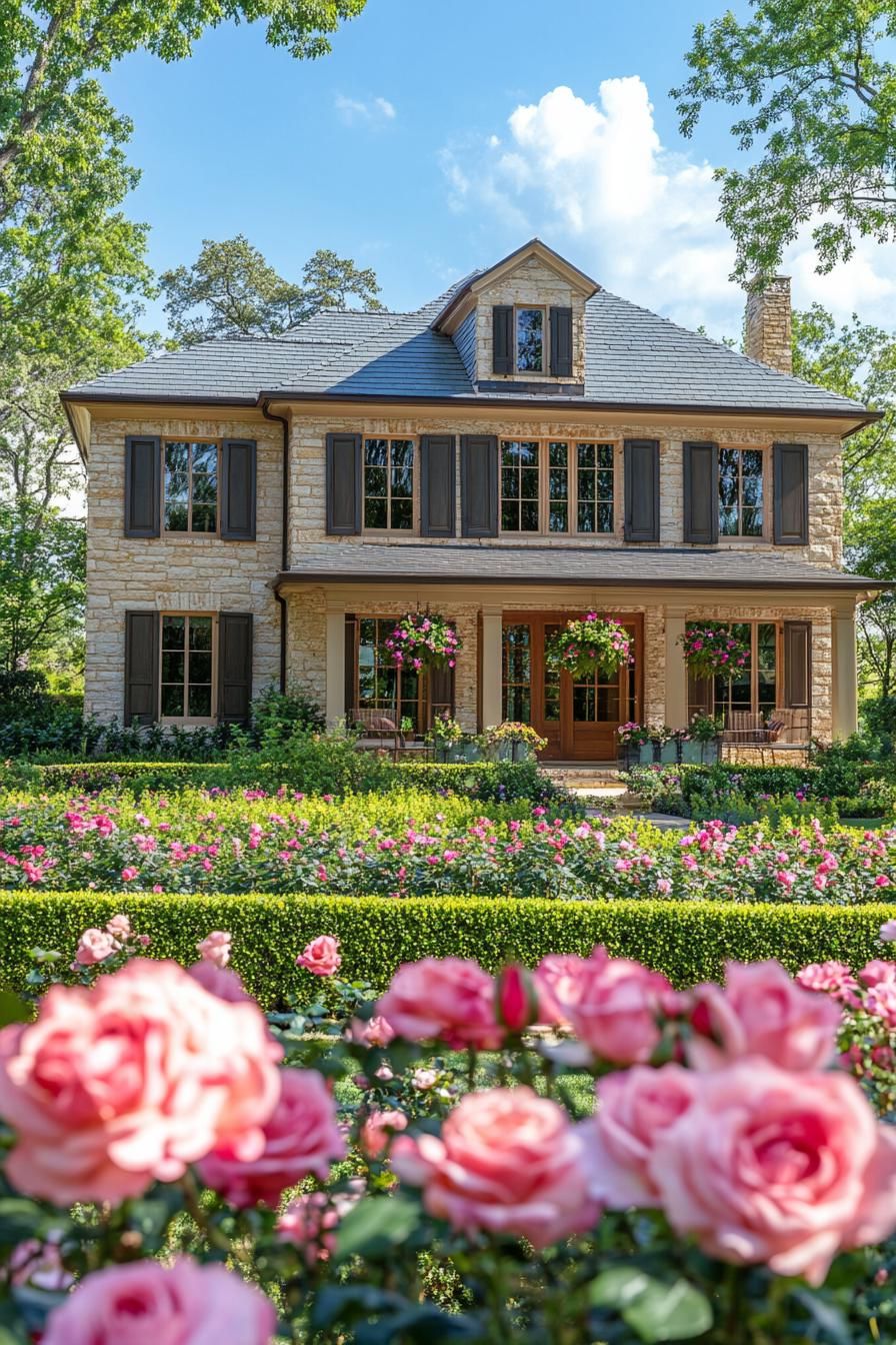 two story countryside house with modern shutter windows lush flower garden with blooming roses in front