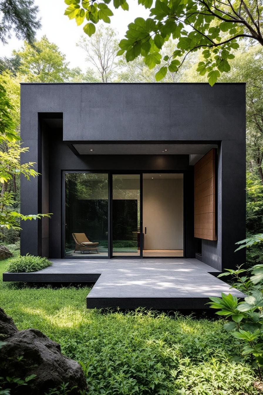 Brutalist house surrounded by lush greenery