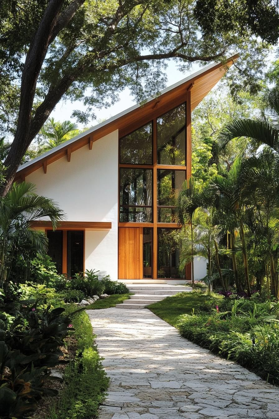 A-frame house with tropical surroundings