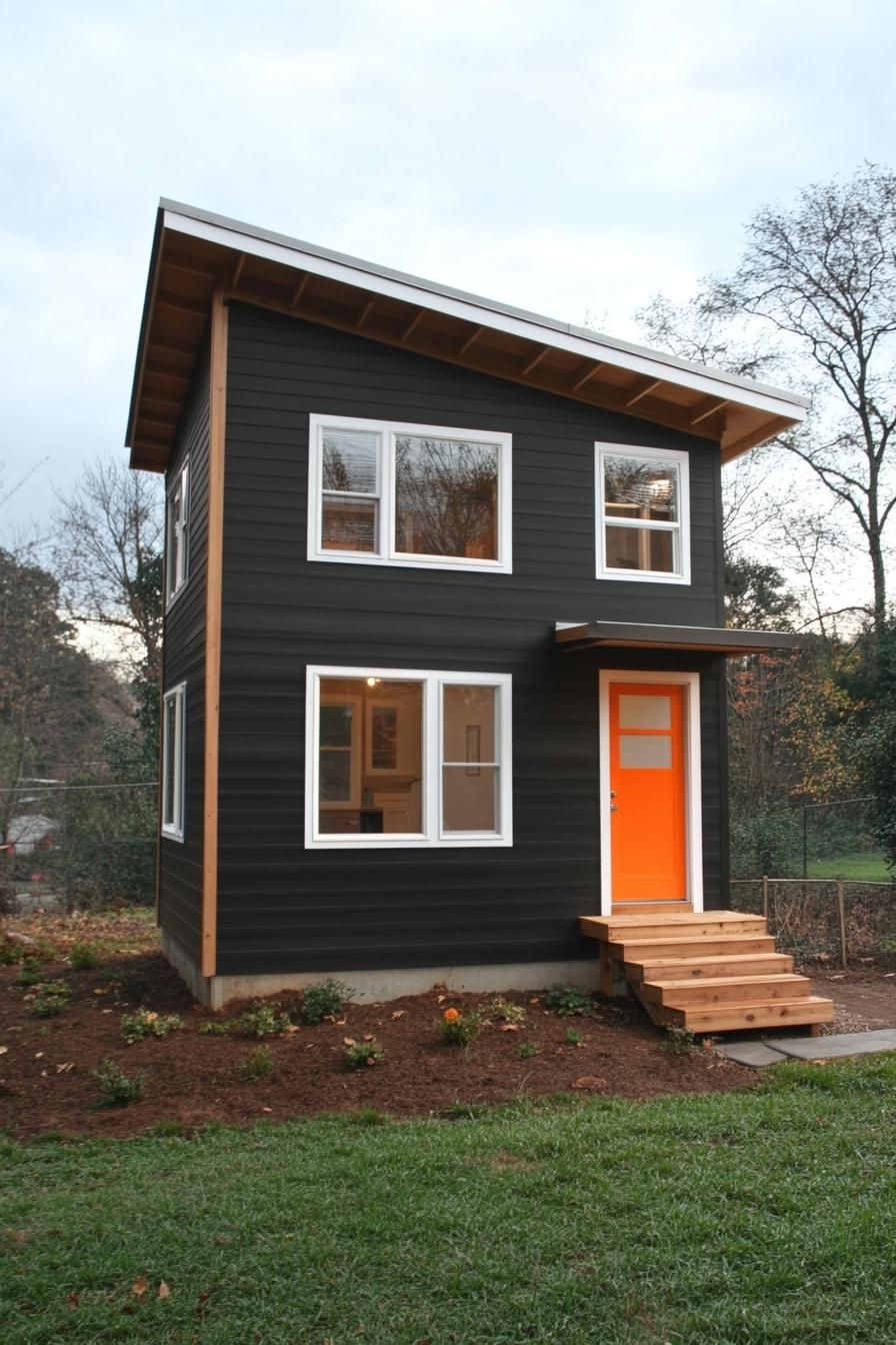 Modern black two-story shed house with an orange door