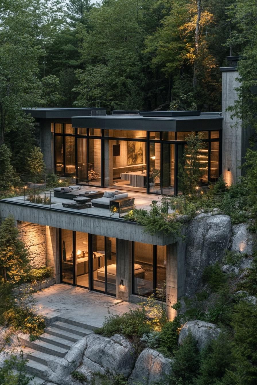 modern house with split level terraces on a slope concrete texture siding large glass windows rocky slope in a forest 1