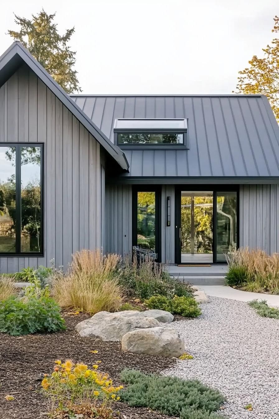 Modern house with gray siding and metal roof, surrounded by minimalist landscaping