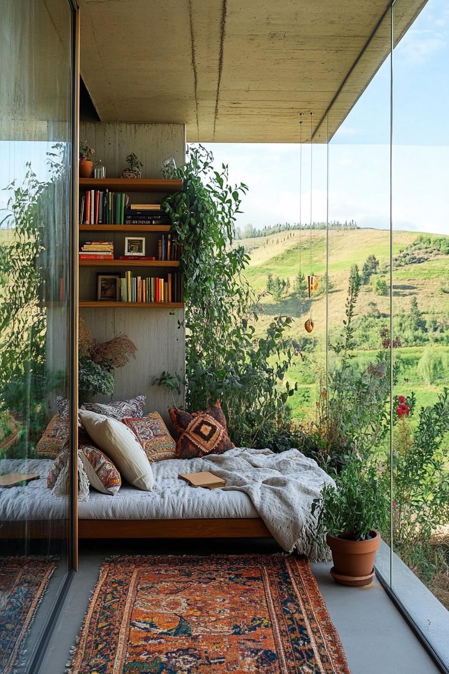 Glass-walled nook with books and pillows, overlooking lush hills