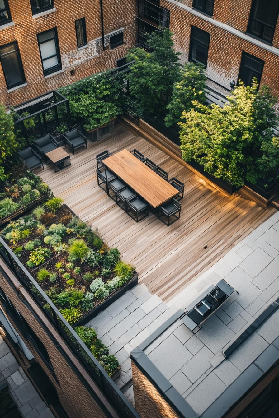 top view of rooftop terrace garden with wooden deck outdoor metal furniture garden beds with native plants