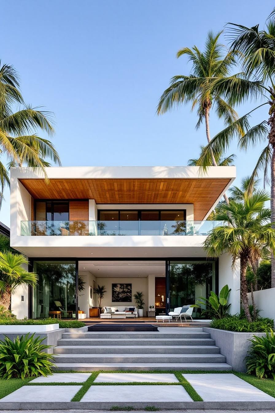 Modern two-story house with palms and large glass windows