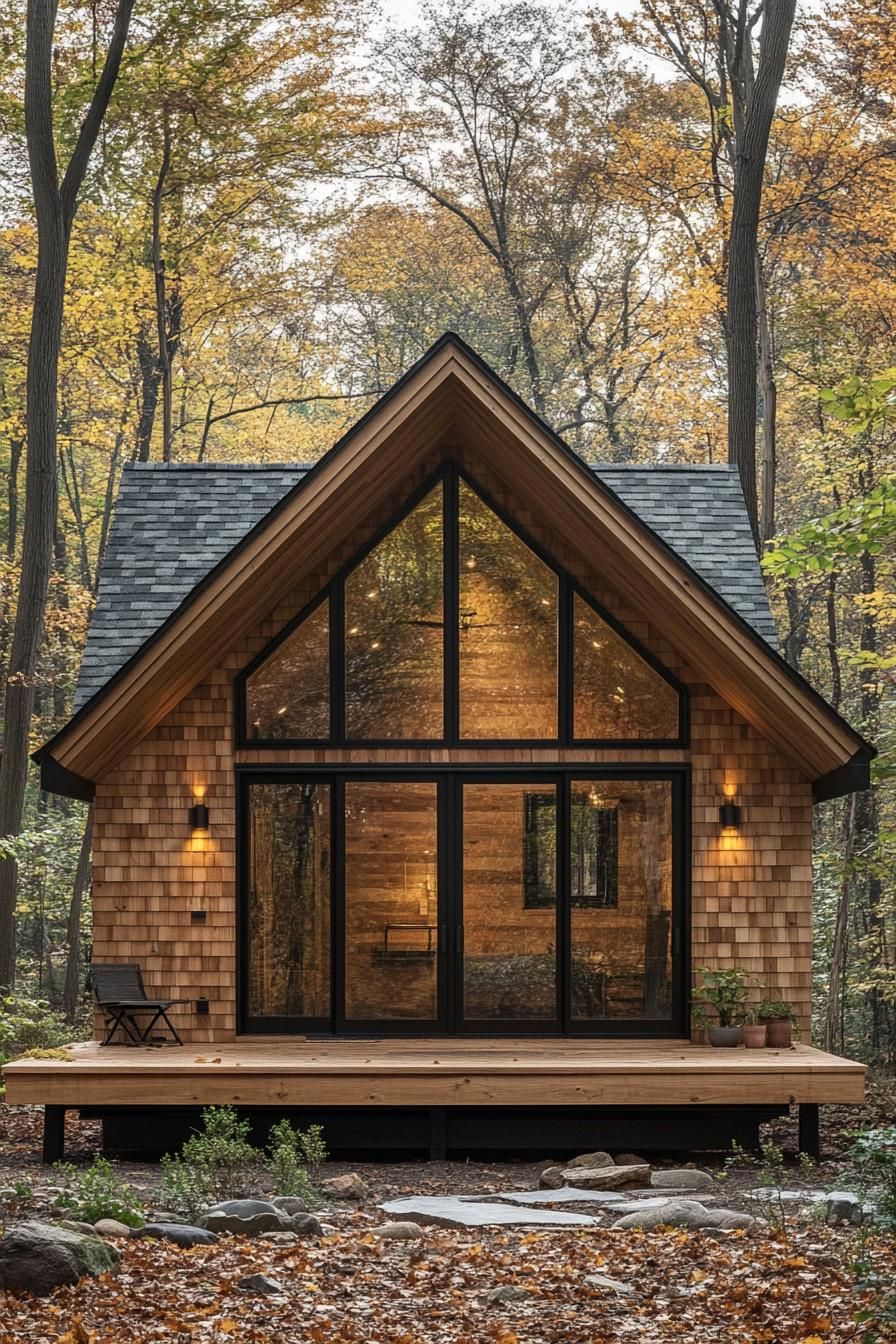 Compact wooden cabin with a glass front surrounded by trees