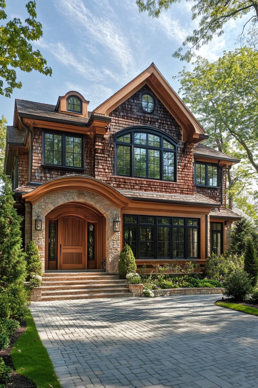 Charming house with shingled facade and elegant archway