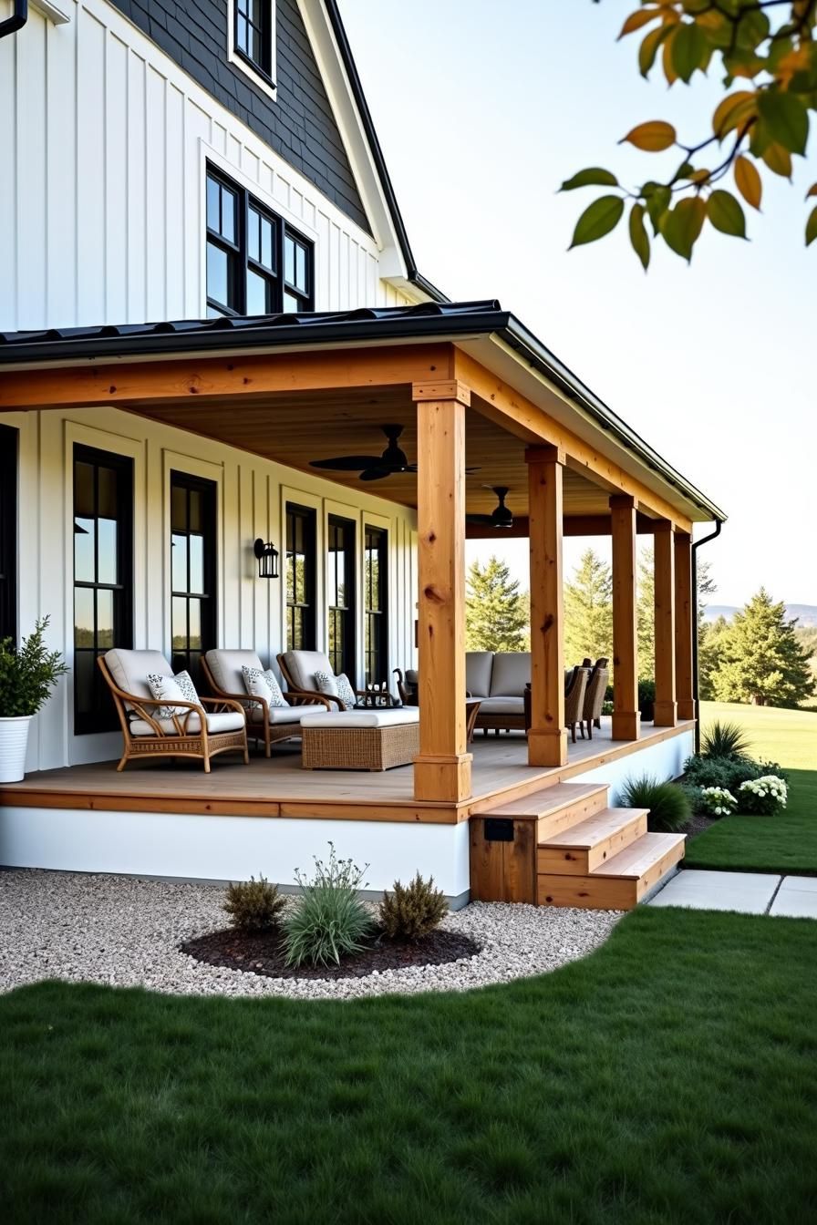 Cozy porch with wooden beams and comfy seating