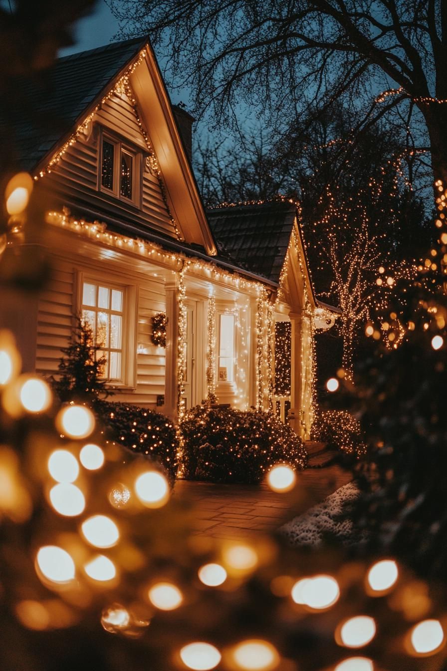 front of a cottage house with white horizontal slat siding bay windows multi pitched roof lined with fairy lights wreath on porch wall v 6.1