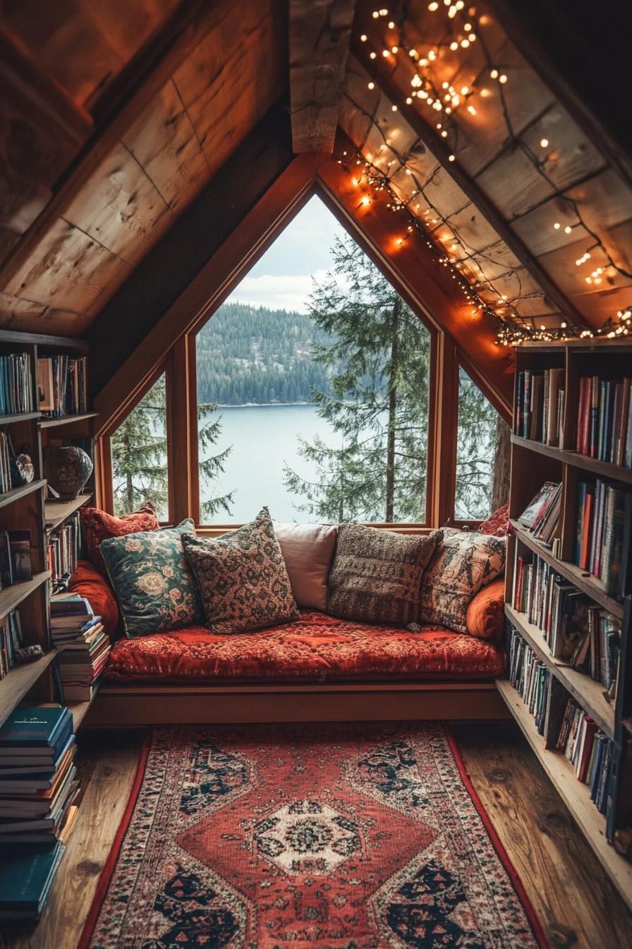 Inviting mountain nook with books and a view