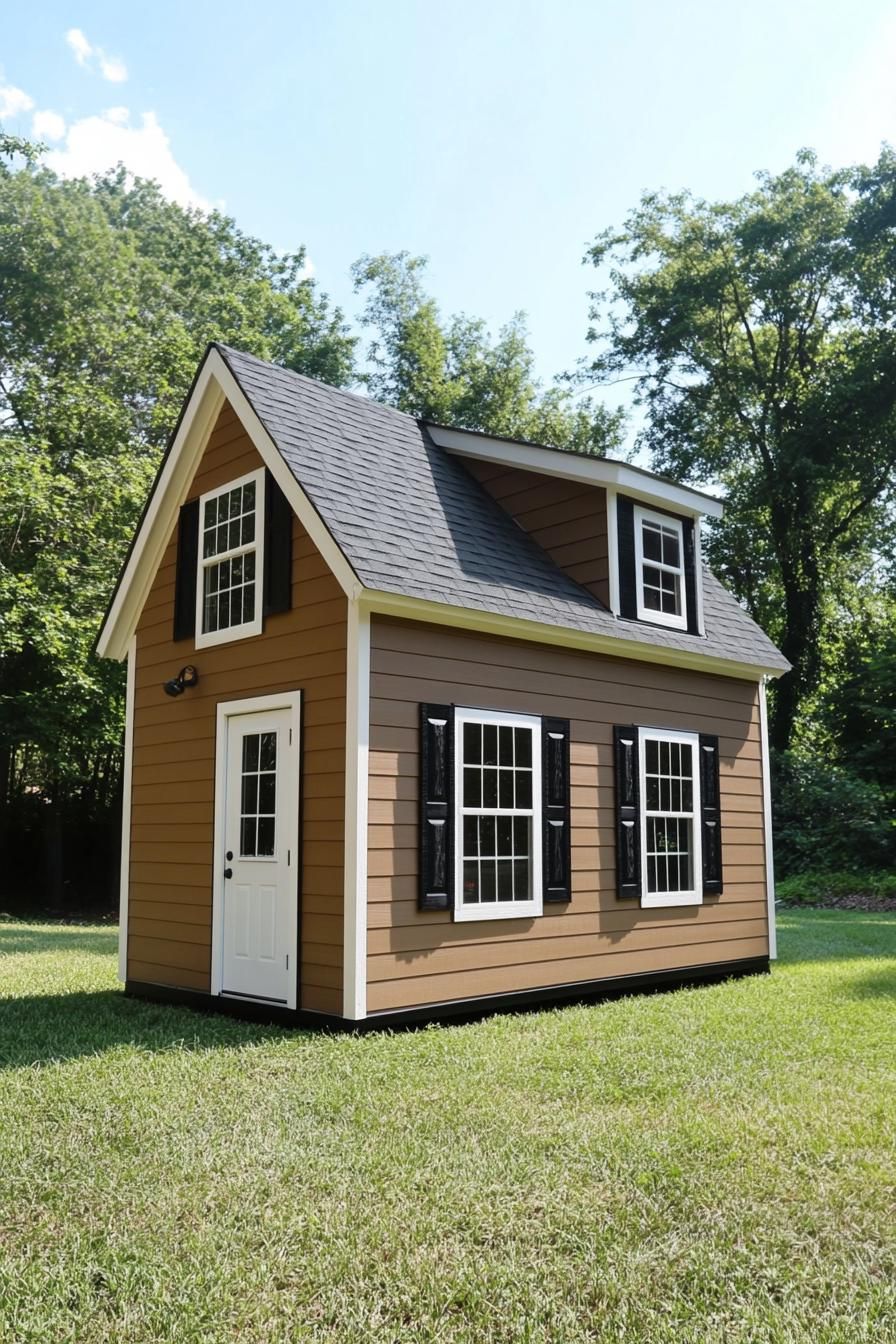 Brown two-story shed house with black shutters and white trim