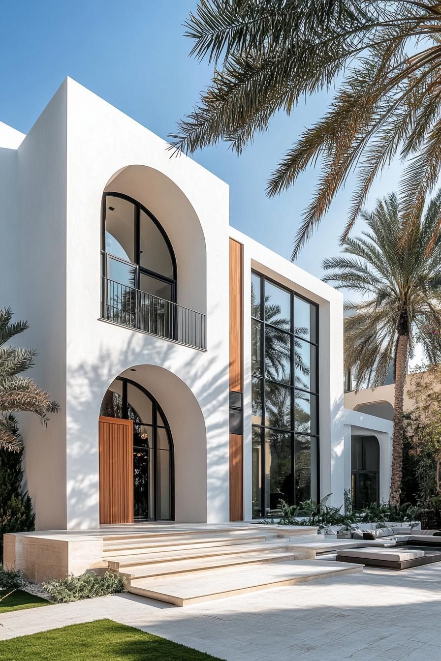 Contemporary house with large arched windows and palms