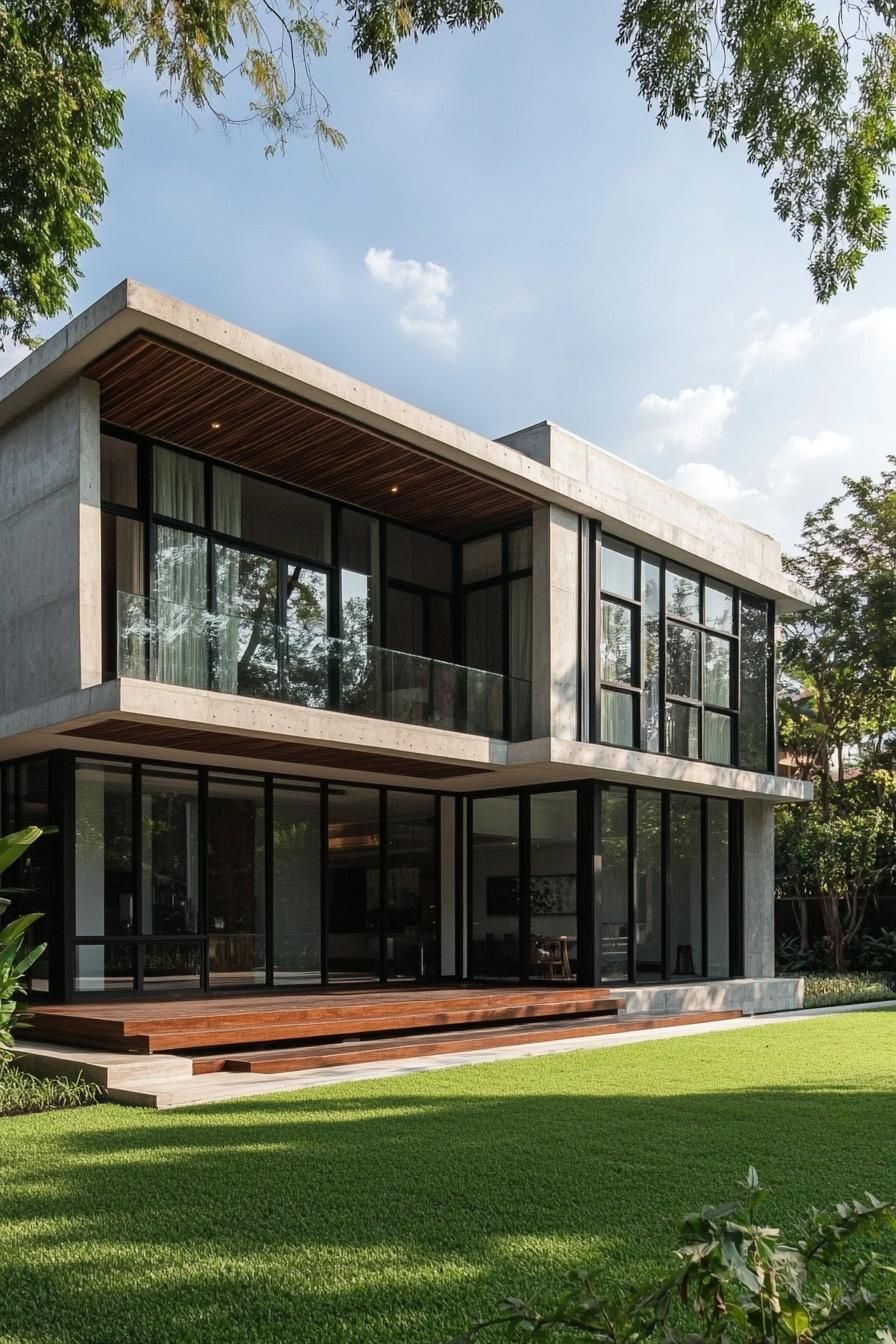 Modern Thai house with large windows and a lush lawn