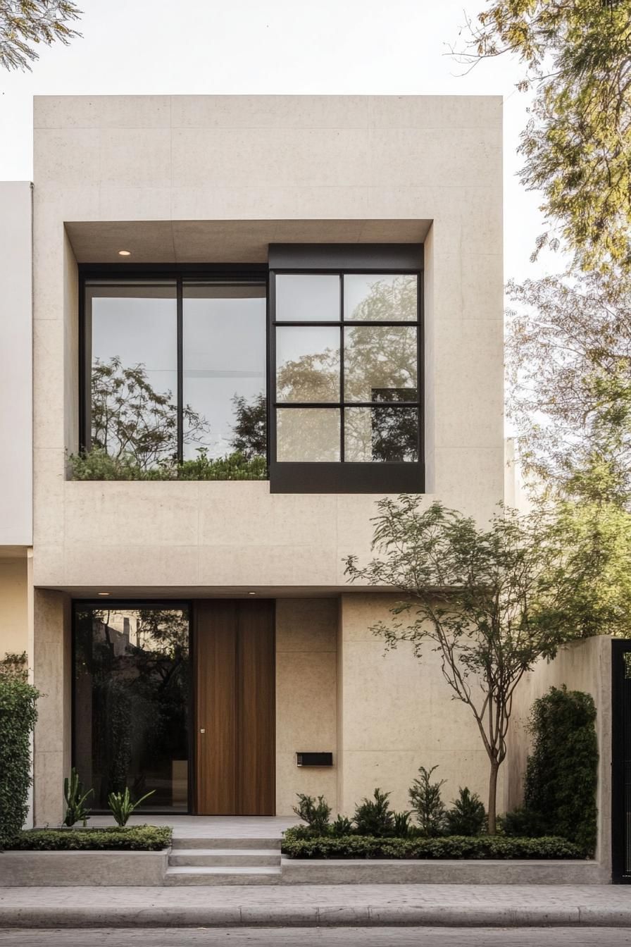 Simple beige townhouse with large square windows