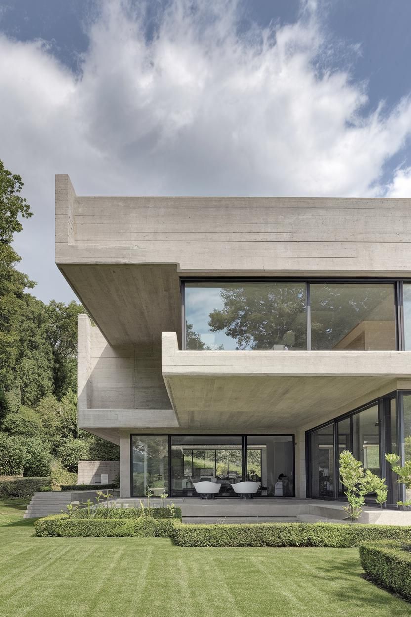 Concrete house with large windows and lush garden