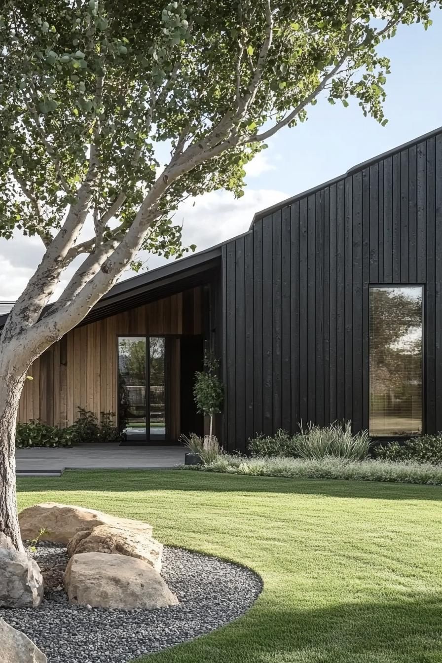 Modern barn house with lush lawn and tree