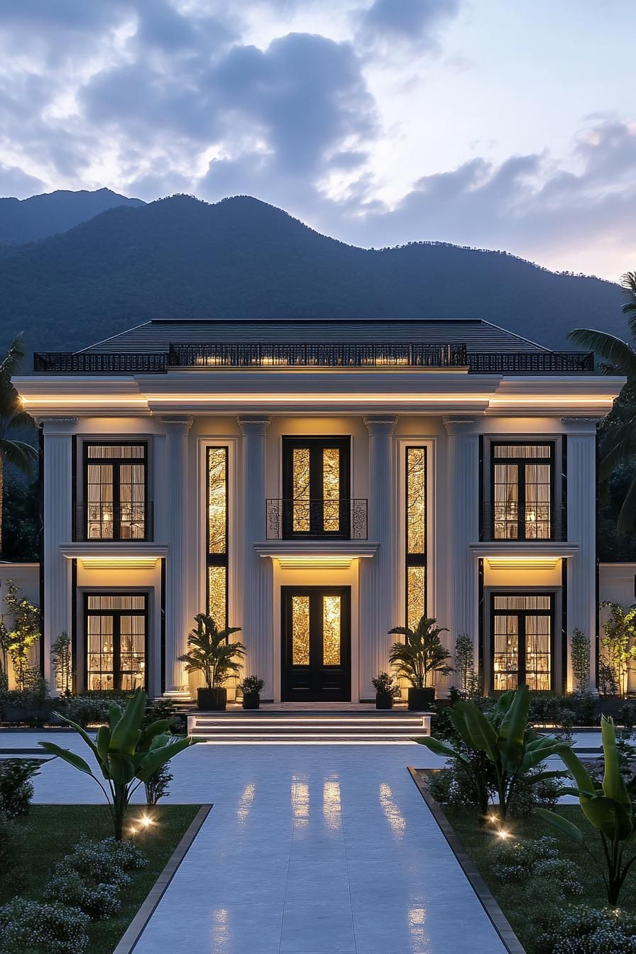 Luxurious mansion with glowing facade amidst mountains