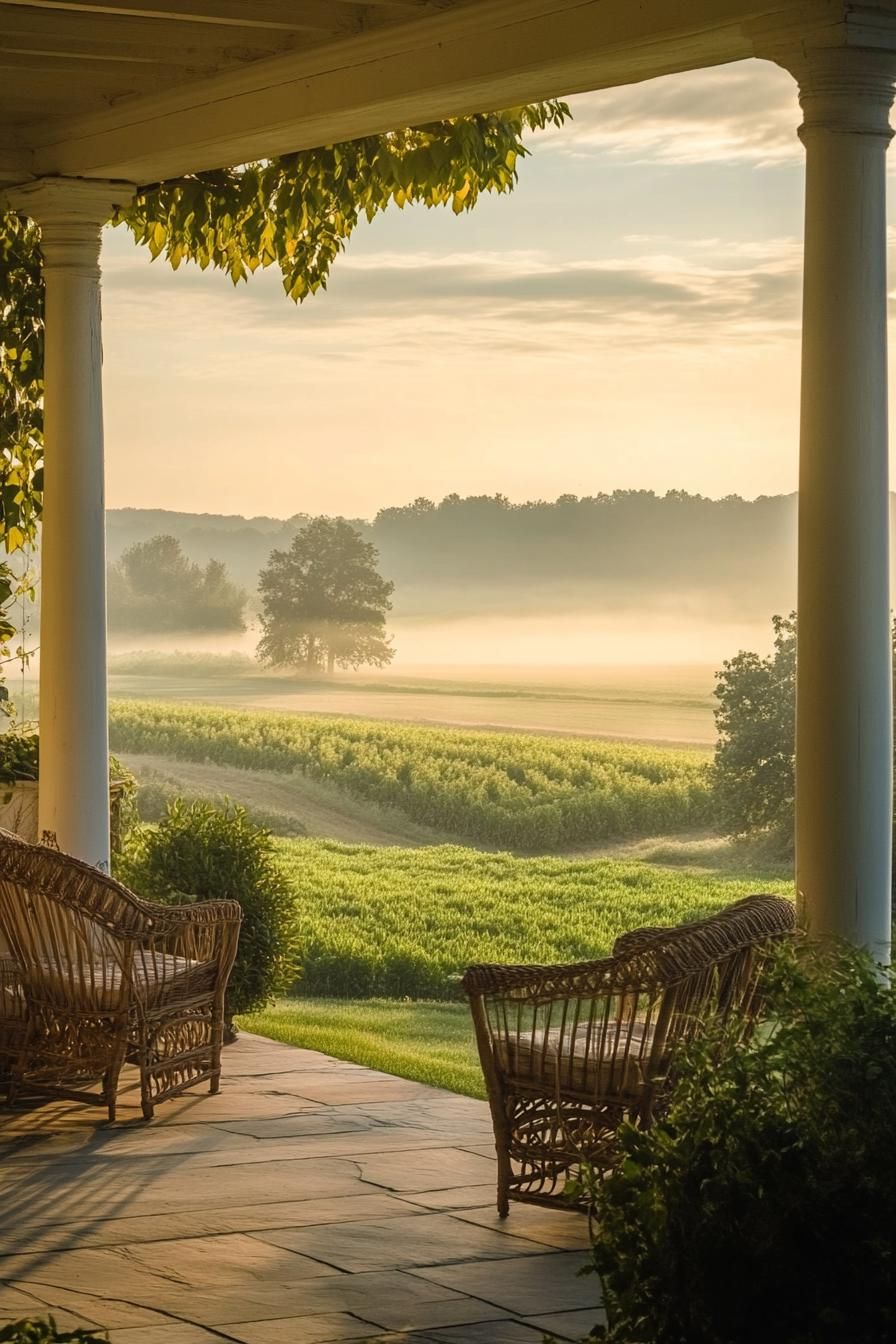 porch of a countryhouse beam columns outdoor chairs overlooking stunning farmfields during a misty sunrise