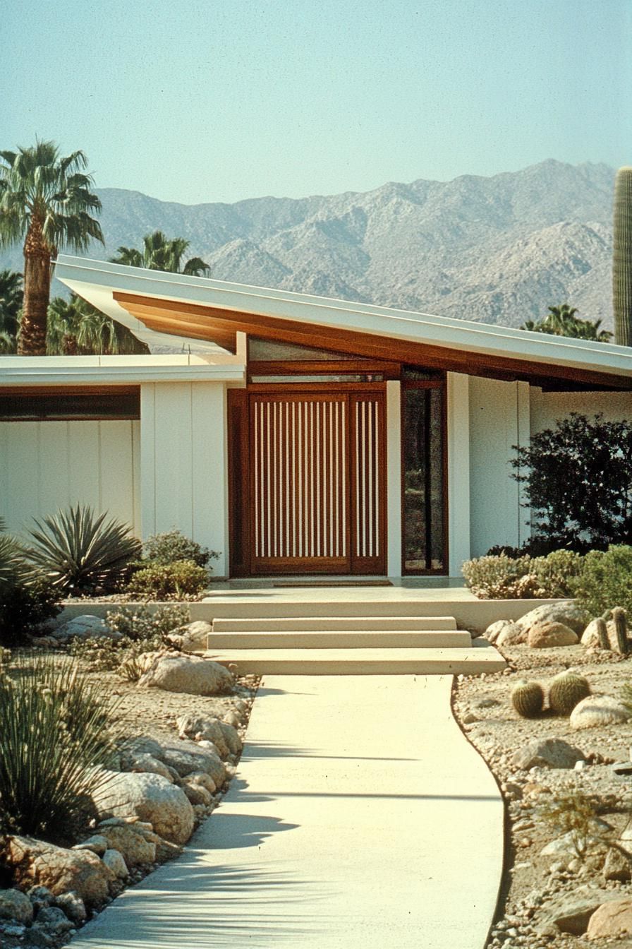 Mid-century modern house with slanted roof and wooden entryway