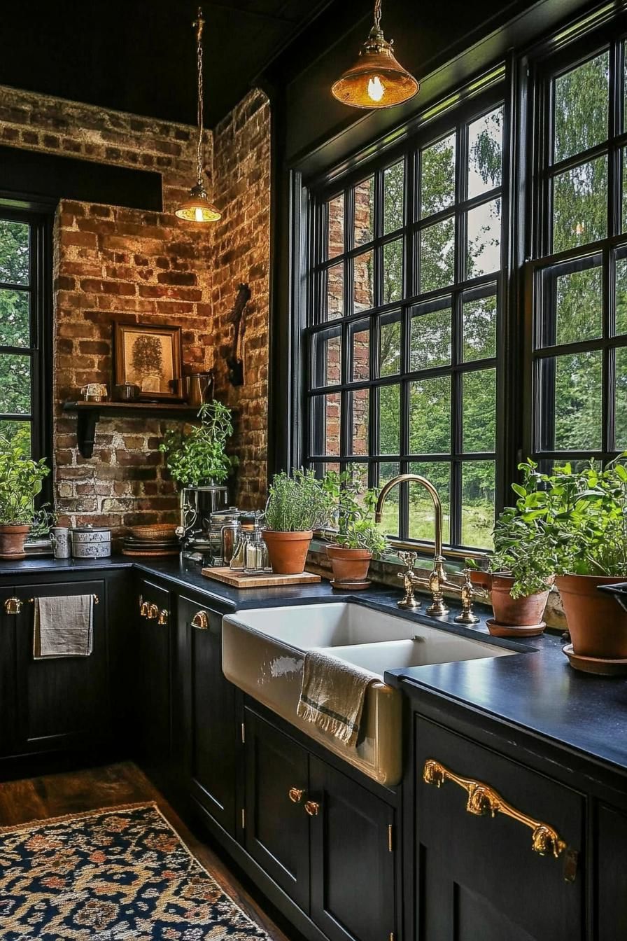 Kitchen with large windows, brick walls, and potted herbs