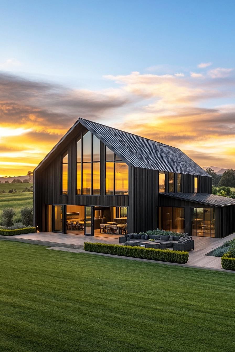 Modern house with sloped roof and glass façade at sunset