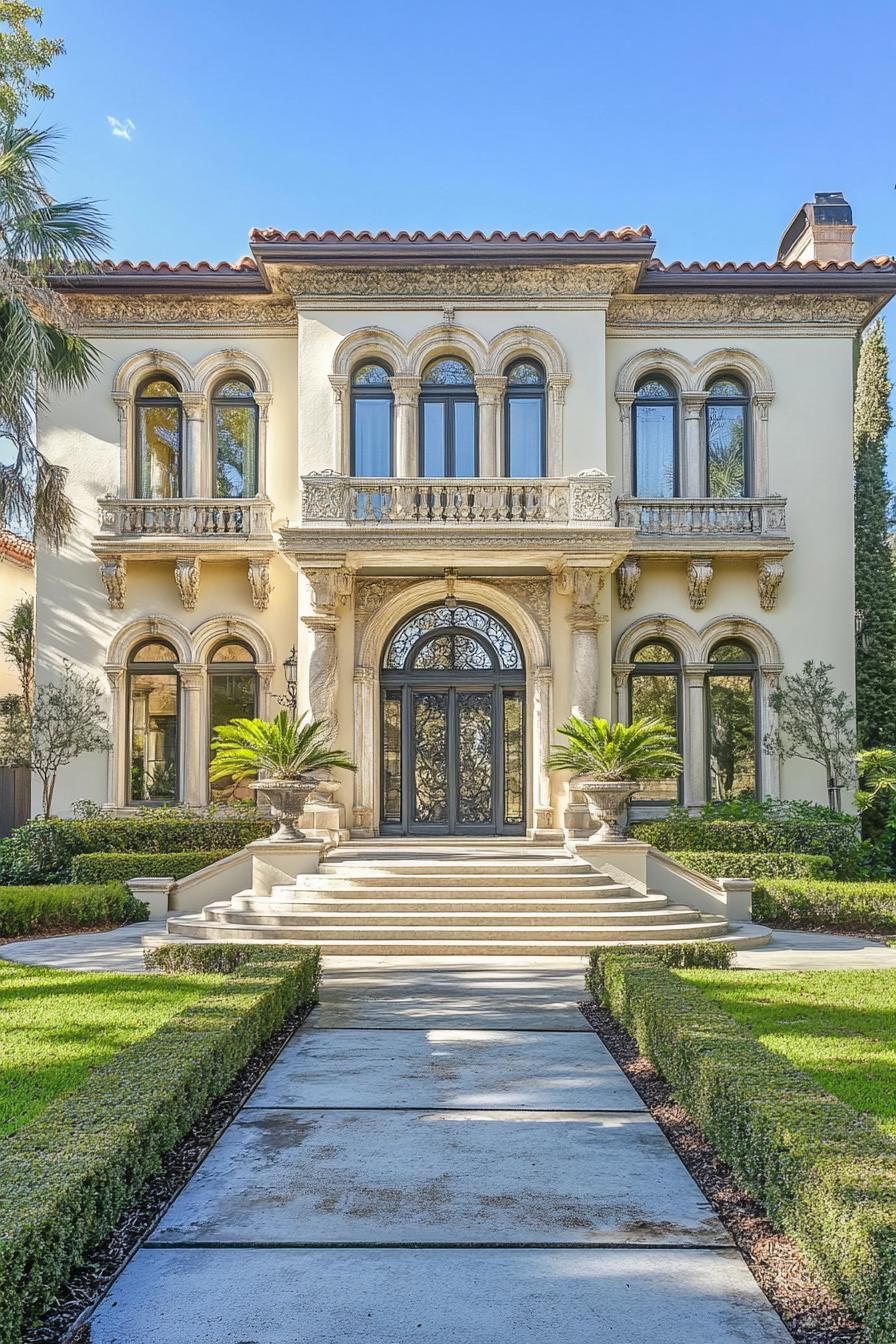 Elegant mansion with arched windows and ornate details