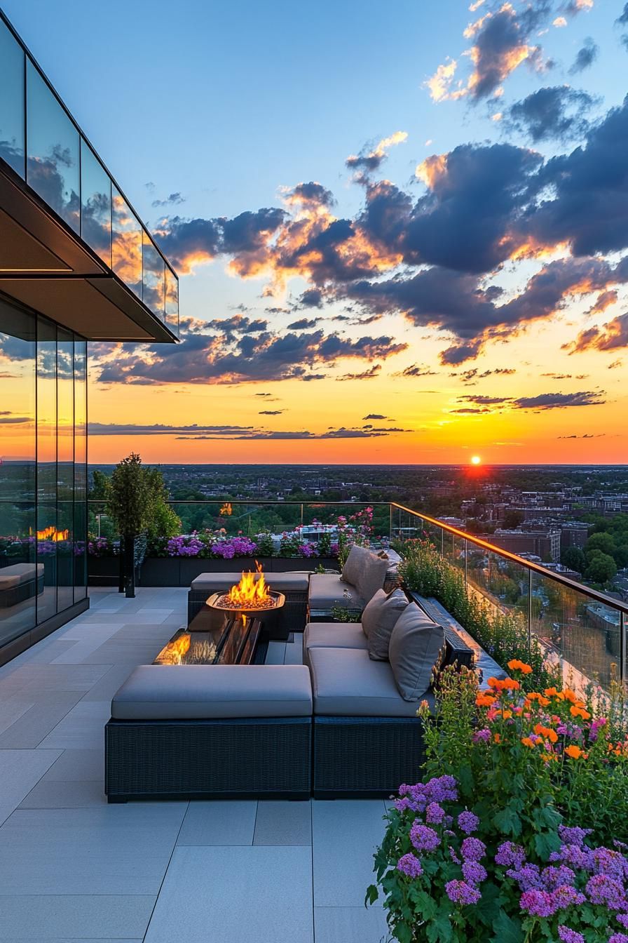 modern rooftop terrace with glass railings modern cushioned furniture LED lighting gas firepit blossoming flower beds sunset view of a city with 3