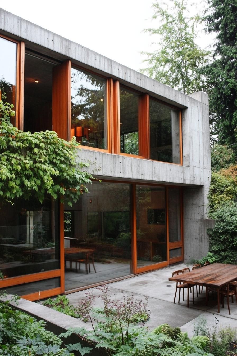 modern concrete and reclaimed wood house courtyard with lush garden large modern windows with wooden frames concrete edges with vines 3