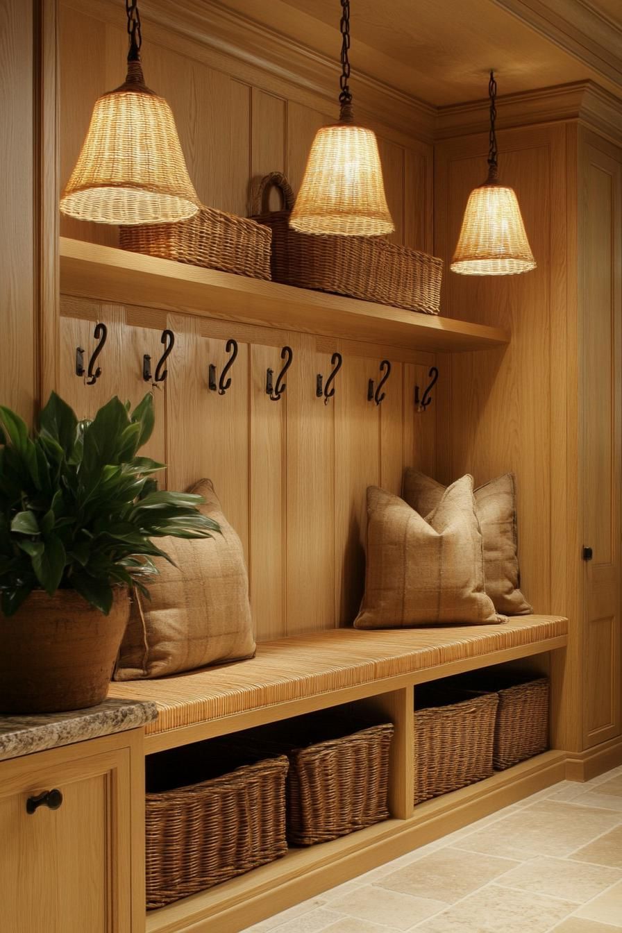 Warm and inviting mudroom with wooden elements and hanging lamps