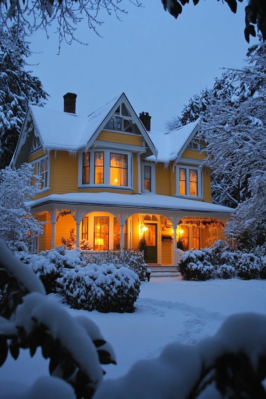 Edwardian style cottage house on winter night yellow siding white trim snow on the multi pitch roof with dormers wraparound porch with columns 3