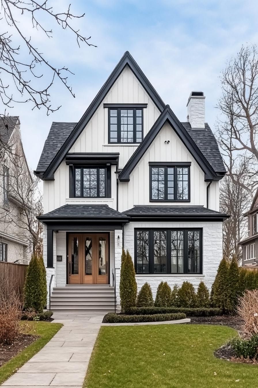 White house with bold black trim and manicured lawn