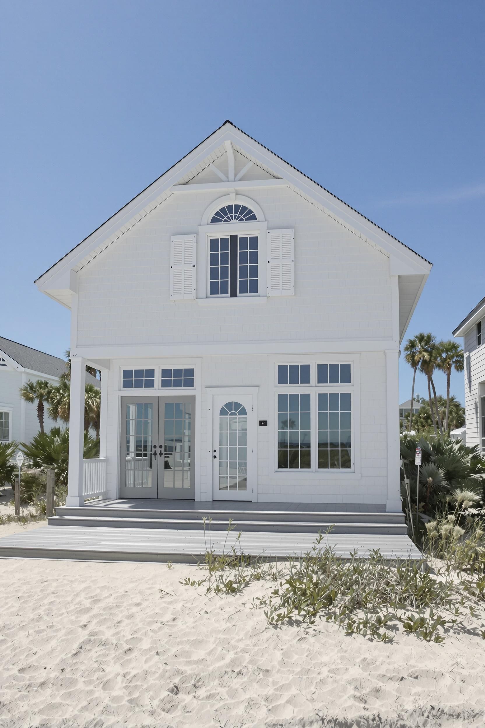 White house with arched windows on sandy beach