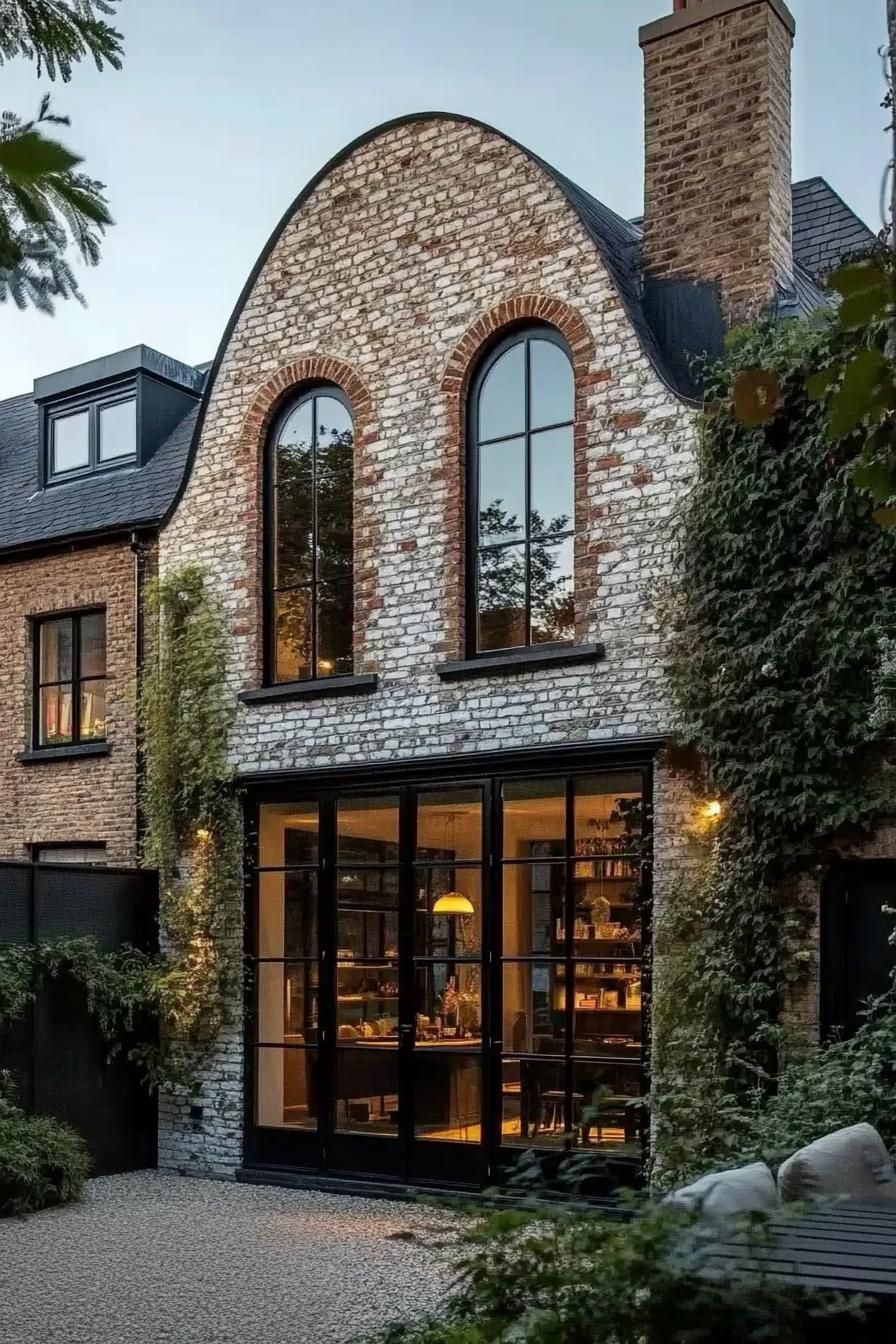 Brick house with large arched windows and ivy