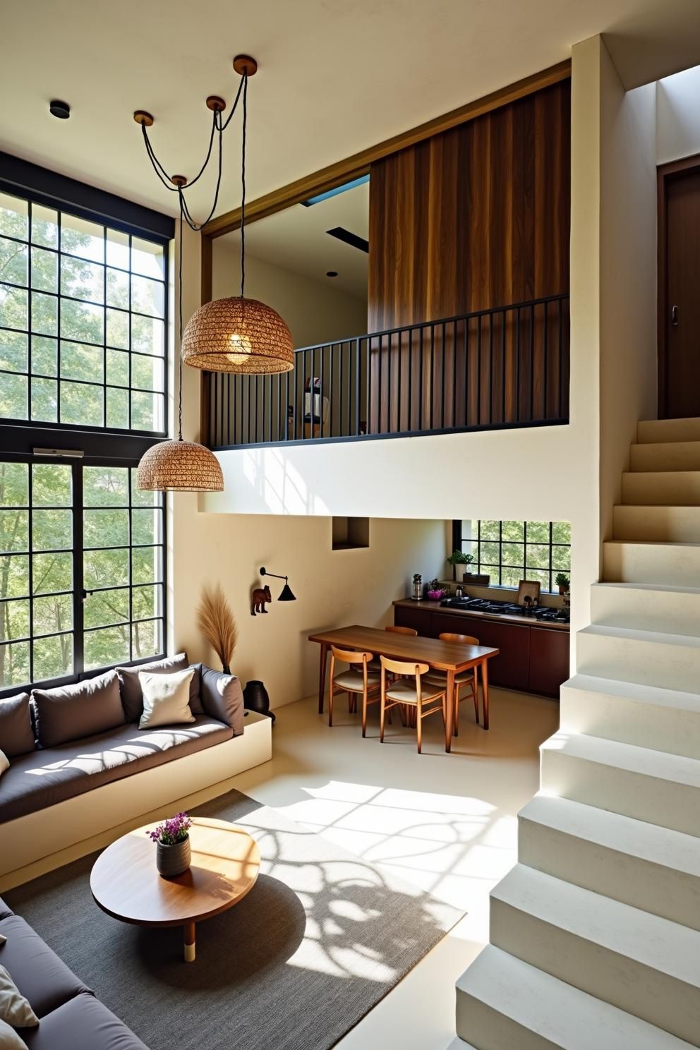 Bright and airy loft living room with large windows and cozy furnishings