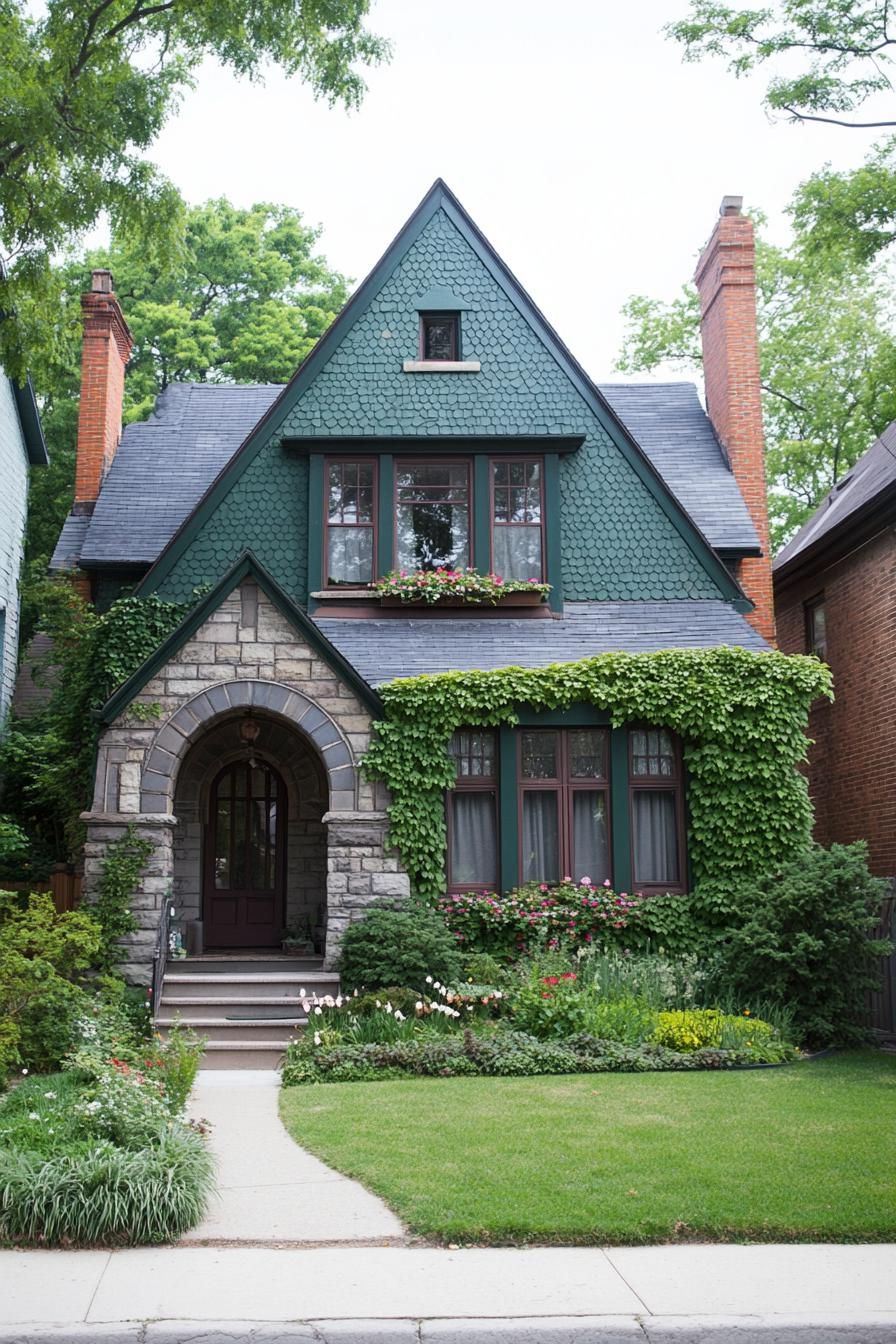 A green-shingled house adorned with ivy and a stone arched entryway