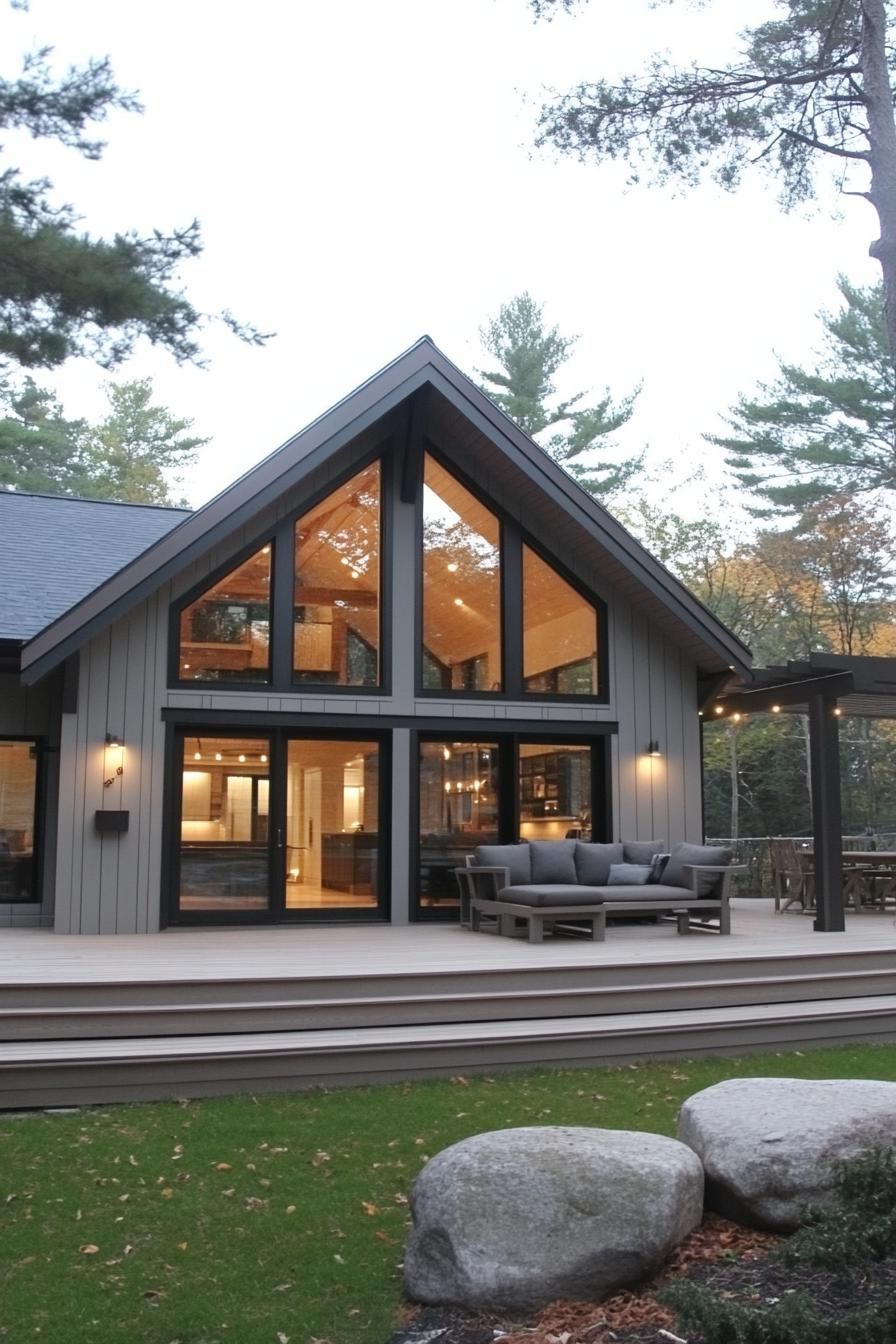 modern house with light grey timber cladding light grey wood decks large modern windows and glass doors with black trim gable roof without eaves