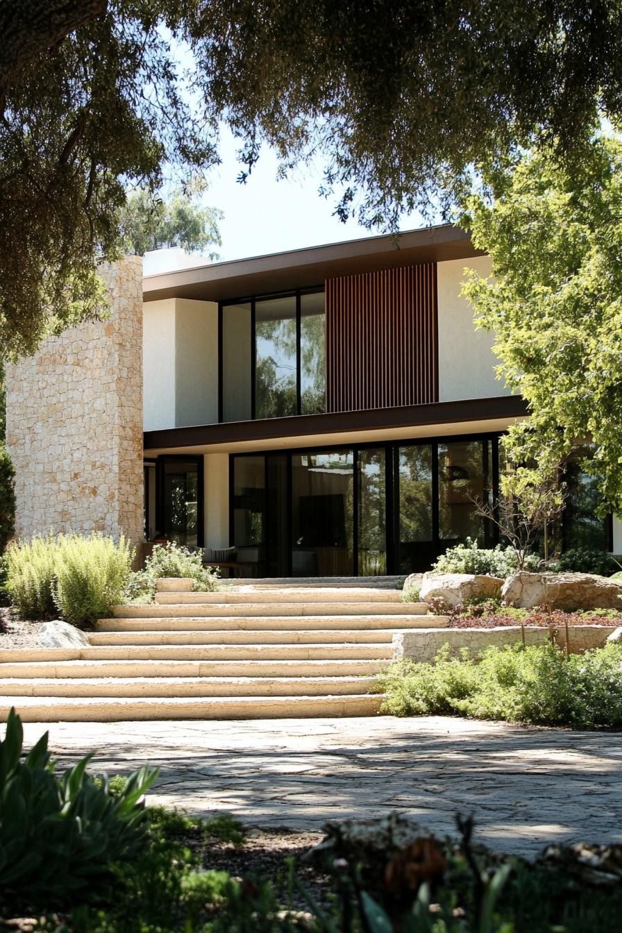 Modern house with stone facade and lush garden