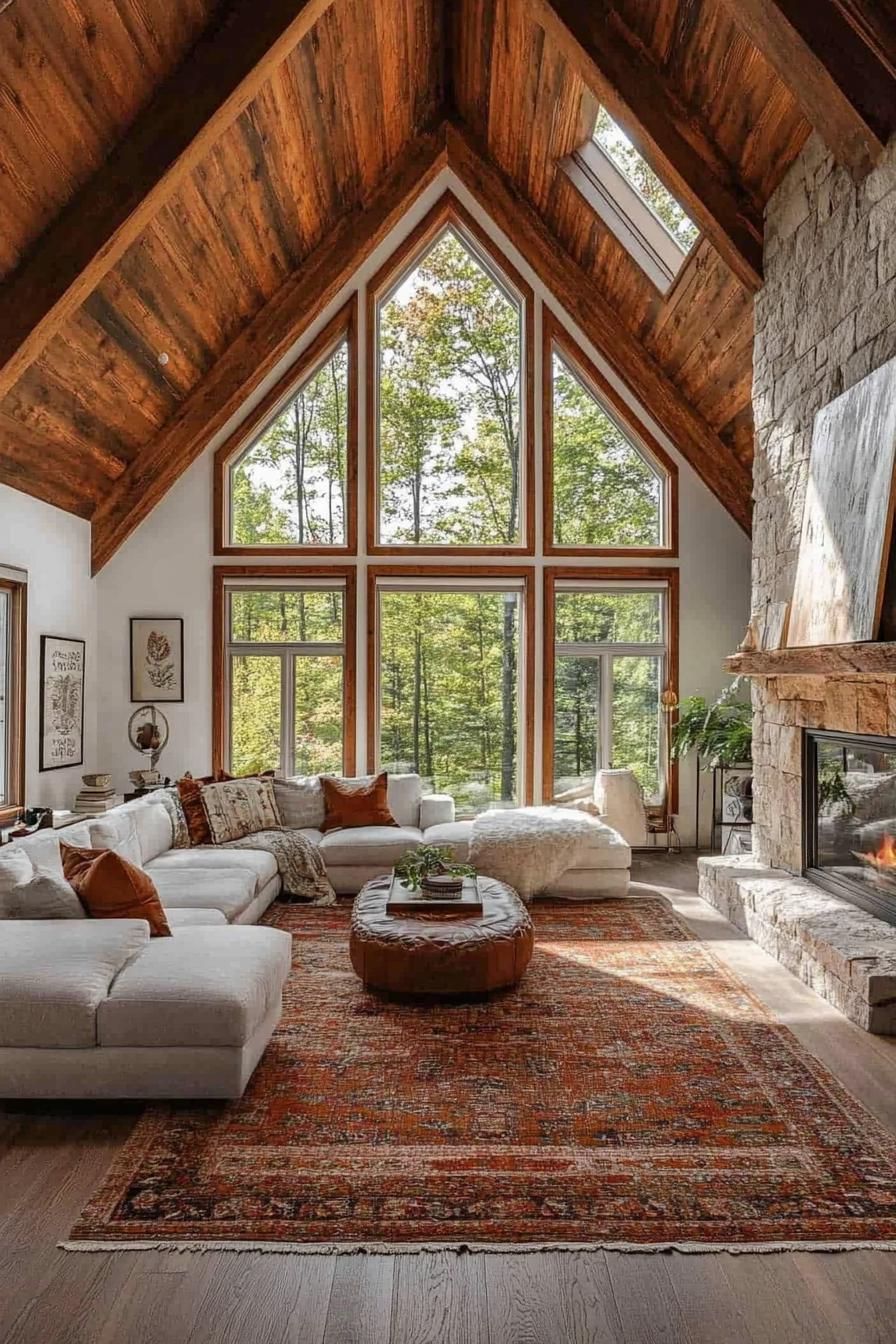 interior of a frame house with stone wall and fireplace reclaimed wood ceiling exposed rustic wood beams large white windows with moldings