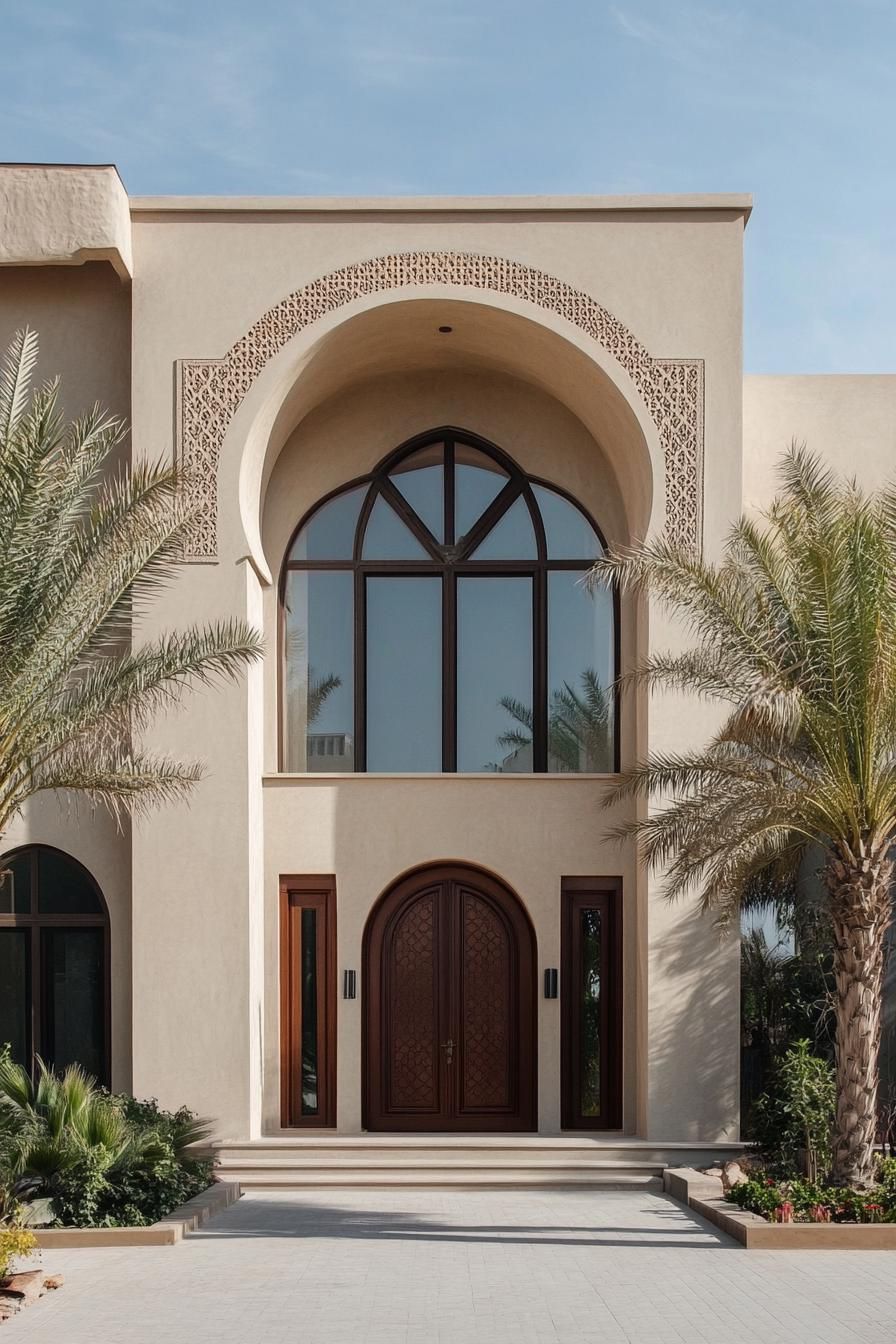 Elegant facade of an Arabian-style house with arch design and palm trees