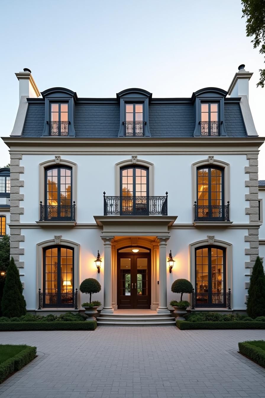 Elegant mansion with large windows and a stately entrance