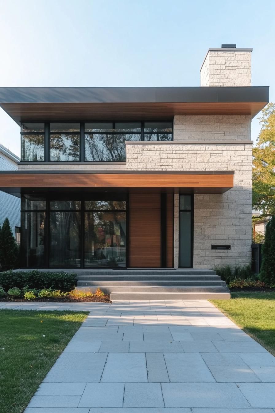 Modern two-story house with stone and glass facade