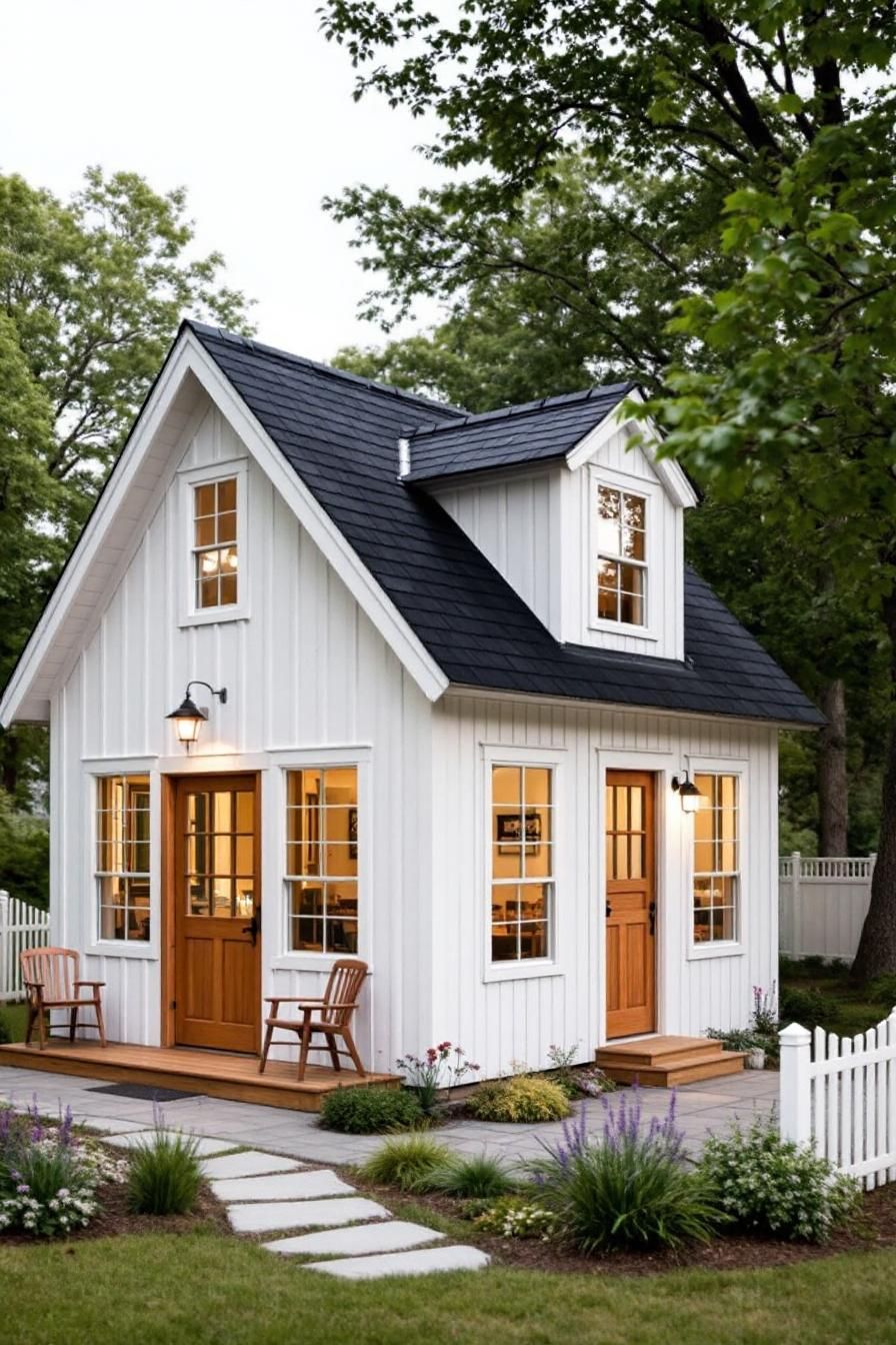 Small village house with a wooden porch and cozy gable roof