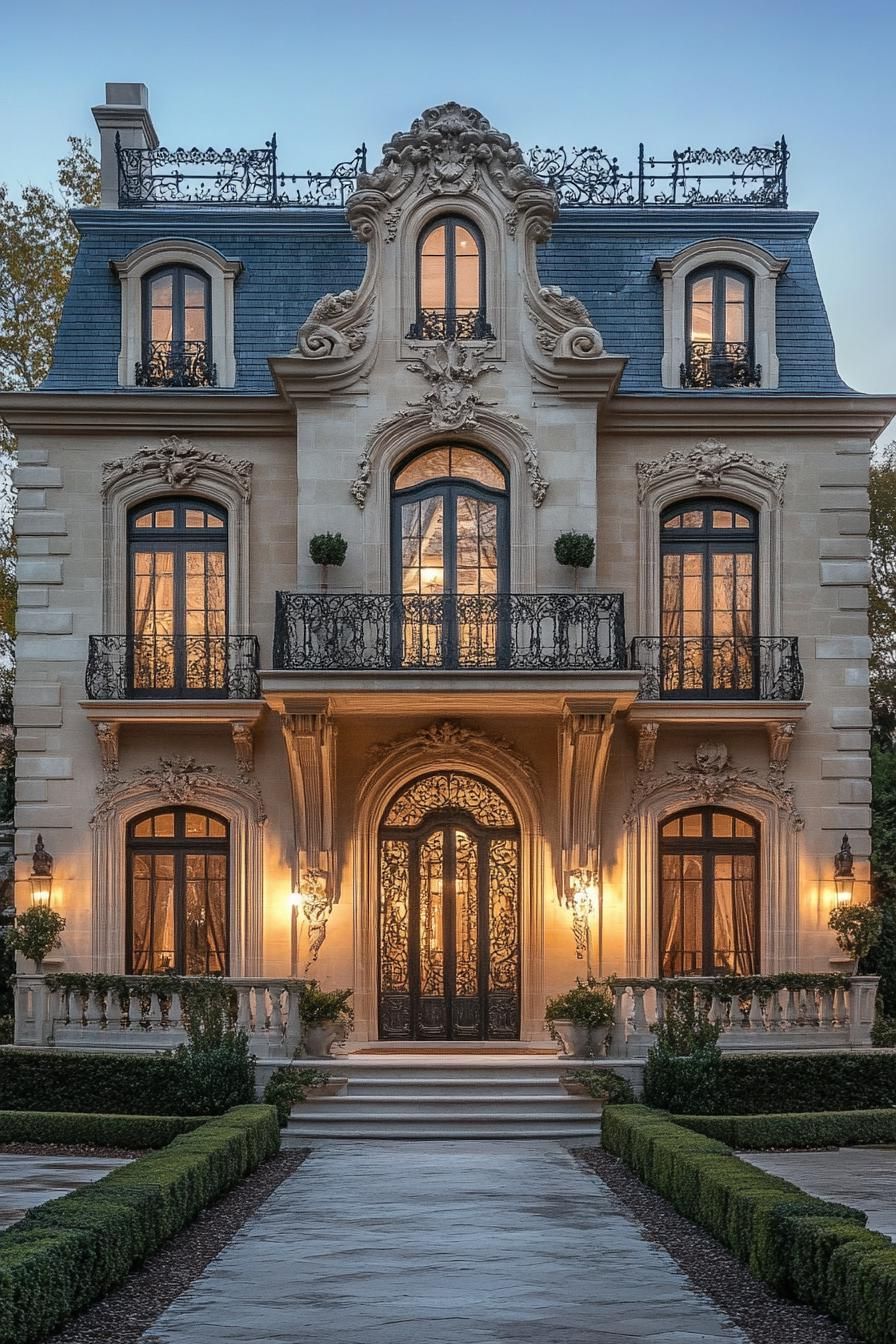 Elegant mansion with intricate ironwork and ornate facade